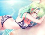  1girl animal_print antlers arched_back arm_rest bent_over bikini breasts ceres_fauna cow_print ear_tag english_commentary green_hair highres hololive hololive_english leaning medium_breasts parted_lips sk_jynx solo swimsuit virtual_youtuber yellow_eyes 