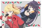  2girls bangs blonde_hair blue_eyes cosplay gun hair_ornament hair_ribbon handgun highres hololive hololive_english inoue_takina inoue_takina_(cosplay) long_hair lycoris_recoil lycoris_uniform medium_hair monocle_hair_ornament multiple_girls ninomae_ina&#039;nis nishikigi_chisato nishikigi_chisato_(cosplay) pointy_ears purple_hair red_ribbon reylan520 ribbon tentacle_hair twitter_username upper_body virtual_youtuber watson_amelia weapon 