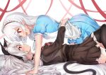  2girls all_fours animal_ear_fluff animal_ears apron blush closed_mouth deogho_(liujinzy9854) eye_contact grey_hair looking_at_another maid_apron maid_headdress multiple_girls original parted_lips pointy_ears ribbon tail white_hair yuri 
