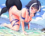  1girl ahoge all_fours asheng_1209 bare_shoulders beach bikini black_hair blue_collar blush breast_tattoo breasts cetacean_tail chest_tattoo cleavage closed_mouth collar covered_nipples curvy facial_tattoo floppy_ears hanging_breasts heart heart-shaped_pupils heart_ahoge highres indie_virtual_youtuber large_breasts leg_tattoo looking_at_viewer multicolored_hair ocean orca orca_girl purple_eyes see-through see-through_shirt shylily sidelocks sky smile streaked_hair swimsuit symbol-shaped_pupils tattoo thick_thighs thigh_strap thighs untied untied_bikini virtual_youtuber wet 