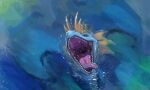  absurd_res ambiguous_gender aquatic_dragon blue_body bodily_fluids dragon feral frill_(anatomy) hi_res looking_at_viewer looking_up marine mouth_shot open_mouth partially_submerged purple_tongue saliva saliva_string solo sprout teeth throat tongue tongue_out_piercing water 