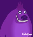  ambiguous_gender anthro big_nose cocone countershade_torso countershading fur livly_(species) official_art ogre_(livly) purple_background purple_body purple_eyes purple_fur simple_background smile solo teeth_showing watermark 
