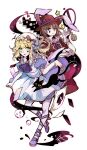  2girls :3 alice_(alice_in_wonderland) alice_(alice_in_wonderland)_(cosplay) alice_in_wonderland animal_ears apron ascot black_cat blonde_hair blue_dress blue_footwear bow brown_hair cat chen chen_(cat) chinese_commentary closed_mouth club_(shape) collared_dress commentary_request cosplay diamond_(shape) dress facial_mark floating_hair full_body gap_(touhou) hat hat_bow heart high_heels highres kedama_(touhou) maribel_hearn medium_hair mob_cap multiple_girls multiple_tails necktie open_mouth pocket_watch puffy_short_sleeves puffy_sleeves purple_ascot purple_bow purple_necktie rabbit_ears red_bow red_headwear red_shirt ribbon-trimmed_dress shirt short_sleeves star_(symbol) tail touhou two_tails usami_renko watch white_apron white_headwear white_rabbit_(alice_in_wonderland) white_rabbit_(alice_in_wonderland)_(cosplay) xingxing_qiaosida 