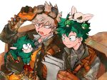  2boys animal animal_on_head animal_on_lap animalization bakugou_katsuki blonde_hair boku_no_hero_academia brown_gloves brown_jacket chihuahua closed_mouth commentary_request dog freckles gloves goggles goggles_on_head green_eyes green_hair highres holding holding_paper jacket kai2_ly male_focus midoriya_izuku multiple_boys official_alternate_costume on_head on_lap open_mouth paper red_eyes sheep short_hair signature simple_background sitting sketch smile spiked_hair steampunk vest white_background 
