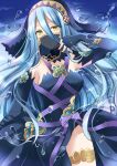  1girl anklet azura_(fire_emblem) bangs black_dress black_gloves blue_background blue_hair breasts closed_mouth commentary_request detached_collar detached_sleeves dress elbow_gloves fingerless_gloves fire_emblem fire_emblem_fates gloves hair_between_eyes highres holding hydrokinesis jewelry kirishima_riona long_hair looking_at_viewer medium_breasts mouth_veil pendant smile solo veil very_long_hair water yellow_eyes 