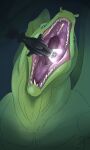  ambiguous_gender front_view glistening glistening_eyes green_body green_scales green_tail hi_res imperatorcaesar mouth_shot open_mouth scales scalie sharp_teeth signature simple_background solo submarine teeth tongueless vehicle watercraft 