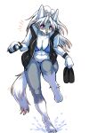  5_fingers 5_toes abs anthro bikini bottomwear breasts canid canine canis claws cleavage clothed clothing digital_media_(artwork) feet female female_anthro fingers flip_flops footwear fur grey_body grey_fur hair hi_res holding_clothing holding_footwear holding_object hoodie humanoid_feet kemono long_hair looking_down mammal midriff navel okami_bark ookamiwaho open_clothing open_mouth open_topwear purple_eyes sandals simple_background smile solo splash swimwear toe_claws toes topwear water white_body white_fur white_hair wolf 