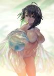  1girl absurdres arknights ball bare_shoulders beachball bielin bikini black_eyes black_hair breasts frilled_bikini frills goggles goggles_around_neck hair_between_eyes hair_ornament highres jacket la_pluma_(arknights) la_pluma_(summer_flowers)_(arknights) long_sleeves looking_at_viewer medium_breasts navel official_alternate_costume open_clothes open_jacket see-through short_hair solo standing stomach swimsuit wet whistle whistle_around_neck white_bikini 