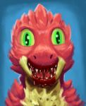  absurd_res blood bodily_fluids bust_portrait countershading dinosaur dromaeosaurid feral fur green_eyes gyrotech hi_res male portrait red_body red_fur reptile scalie solo teeth theropod yellow_body yellow_fur 