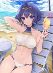  1girl ahoge arm_up bangs banned_artist bare_arms bare_shoulders beach beach_chair bikini blue_eyes blue_hair blue_sky cloud collarbone commission cup cupping_hands day drinking_straw fire_emblem fire_emblem_awakening grin hair_between_eyes hand_in_own_hair hand_up heart highres holding holding_cup looking_at_viewer morgan_(fire_emblem) morgan_(fire_emblem)_(female) navel ocean outdoors shimizu_akina short_hair skeb_commission sky smile solo starfish stomach swimsuit thighs tiara water white_bikini 