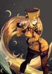  1girl arm_up artist_name bangs belt blonde_hair blue_eyes fighting_stance fingerless_gloves fur_hat gloves guilty_gear guilty_gear_xrd hand_in_own_hair hat highres long_hair looking_to_the_side millia_rage online_neet pantyhose simple_background solo ushanka very_long_hair white_gloves yellow_background 