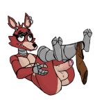  1:1 2022 animatronic anthro balls canid canine digital_media_(artwork) ear_piercing ear_ring eitlac erect_nipples eye_patch eyewear fangs five_nights_at_freddy&#039;s fox foxy_(fnaf) genitals hi_res holding_legs looking_up lying machine male mammal metal narrowed_eyes nipples nude on_back pants_around_one_leg penis piercing red_body ring_piercing robot scottgames simple_background solo vein video_games white_background yellow_eyes 