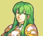  1girl armor bangs breastplate fire_emblem fire_emblem:_shadow_dragon_and_the_blade_of_light glaceo green_eyes green_hair long_hair looking_at_viewer lowres palla_(fire_emblem) pauldrons pixel_art shoulder_armor sidelocks simple_background smile solo upper_body yellow_background 