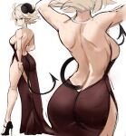  1girl arm_behind_back arms_up ass backless_dress backless_outfit bare_arms bare_back bare_legs barefoot blonde_hair breasts choker closed_mouth curled_horns dress english_commentary from_behind full_body goat_girl goat_horns goat_tail high_heels highres horns large_breasts long_dress looking_at_viewer looking_back no_bra original photo-referenced pointy_ears rakeemspoon red_dress short_hair sideboob simple_background solo strapless strapless_dress susan_(rakeemspoon) toned v-shaped_eyebrows white_background white_choker 