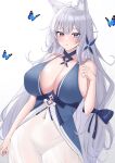  1girl absurdres ahoge animal_ears azur_lane blue_bow blue_choker blue_dress blue_eyes blush bow breasts bug butterfly choker cleavage commentary covered_navel cowboy_shot curvy dress eyelashes fox_ears grey_hair hair_bow hair_ornament highres kirin3145 large_breasts long_hair looking_at_viewer parted_lips plump shinano_(azur_lane) simple_background sleeveless sleeveless_dress solo symbol-only_commentary very_long_hair white_background 