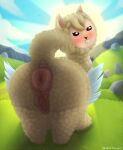  alpaca animal_genitalia animal_pussy anus ass_up big_anus big_pussy blush bulu_monster butt camelid despairchanpu female feral genitals hi_res looking_at_viewer looking_back mammal outside presenting pussy raised_tail sheep_god solo wings 