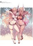  2girls absurdres anila_(granblue_fantasy) anila_(summer)_(granblue_fantasy) arm_up armpits bangs bare_shoulders bikini blonde_hair breasts brown_eyes cleavage dark-skinned_female dark_skin draph full_body granblue_fantasy highres horns kumbhira_(granblue_fantasy) kumbhira_(summer)_(granblue_fantasy) long_hair looking_at_viewer medium_breasts multiple_girls navel one_eye_closed open_mouth sandals simple_background smile standing stomach swimsuit thighs v yellowpaint. 