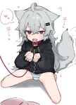  1girl animal_ears bottomless collar fang fenrir_(fenriluuu) grey_hair hair_between_eyes hair_ornament hairclip heart highres leash long_hair original outstretched_hand panties red_eyes rir-chan shirt sitting skin_fang spoken_heart striped striped_panties tail tongue tongue_out underwear wariza white_shirt 