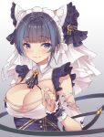  1girl :3 animal_ears azur_lane blue_hair breasts cheshire_(azur_lane) cleavage detached_sleeves fake_animal_ears frilled_hairband frills hairband highres iroha_(unyun) long_ribbon looking_at_viewer maid_headdress multicolored_hair puffy_detached_sleeves puffy_sleeves purple_apron purple_eyes purple_hair simple_background solo streaked_hair two-tone_hair upper_body white_background 