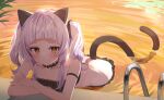  1girl animal_ears arm_strap bangs bikini black_bikini black_choker black_ribbon blush brown_eyes cat_ears cat_tail choker closed_mouth crossed_arms daichi_(daichi_catcat) hair_ribbon highres hololive leaning_forward long_hair murasaki_shion pool pool_ladder ribbon sidelocks smile solo swimsuit tail twintails virtual_youtuber water 