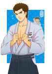  2boys abs absurdres bandage_on_face bandages blush brown_eyes brown_hair cheering chibi chibi_inset dougi fukuhara_masayuki hands_on_own_chest hazuki_ryou highres holding holding_clothes looking_at_viewer martial_arts monami_1999 multicolored_background multiple_boys muscular muscular_male patterned_background pectorals serious shenmue shenmue_the_animation short_hair signature smile speech_bubble spiked_hair 