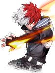  1boy absurdres belt black_bodysuit blue_eyes bodysuit boku_no_hero_academia burn_scar closed_mouth commentary cowboy_shot cropped_legs fingerless_gloves fire gloves heterochromia highres kai2_ly looking_to_the_side male_focus multicolored_hair outstretched_arm pyrokinesis red_hair scar scar_on_face short_hair signature simple_background solo split-color_hair todoroki_shouto two-tone_hair white_background white_hair 