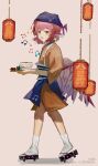  1girl :d absurdres animal_ears apron bandana beamed_eighth_notes bird_ears bird_wings black_footwear blue_apron blue_bandana bowl brown_kimono chinese_commentary commentary eighth_note feathered_wings fish_(red_star_child) food from_side full_body geta highres holding holding_plate japanese_clothes kimono lantern looking_at_viewer looking_to_the_side medium_hair musical_note mystia_lorelei obi onigiri open_mouth paper_lantern pink_hair plate red_eyes sash smile socks solo touhou waist_apron walking white_socks wings 