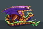  absurd_res dragon feral green_hair gyrotech hair hi_res markings membrane_(anatomy) membranous_wings orange_body purple_body purple_markings solo wings 