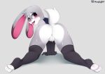  all_fours anthro bodily_fluids clothing disney female fur genitals grey_body grey_fur judy_hopps lagomorph leggings legwear leporid looking_at_viewer looking_back looking_pleasured mammal moonfluffmf presenting presenting_pussy pussy rabbit solo spread_legs spreading sweat tongue tongue_out white_body white_fur zootopia 