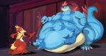  abdominal_bulge accessory after_vore anthro belly big_belly blue_body blue_skin canid canine delphox duo featherhead feraligatr fox fur headband imminent_vore mammal muscular nintendo pok&eacute;mon pok&eacute;mon_(species) red_body red_fur scalie size_difference video_games vore yellow_body yellow_fur 