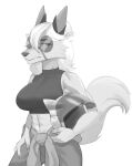 abs anthro arctic_wolf armor big_breasts black_clothing black_topwear breasts canid canine canis claws clothing eye_patch eyewear female fluffy fluffy_tail fur glasses greyscale hair hair_over_eye headgear helmet hi_res jumpsuit looking_at_viewer mammal military monochrome muscular muscular_female navel one_eye_obstructed pilot pilot_helmet pivoted_ears simple_background smoothsharb solo topwear tundra_(crookedponcho) unzipped_jumpsuit white_body white_fur wolf 