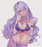 1girl breasts camilla_(fire_emblem) cleavage fes4 fire_emblem fire_emblem_fates fire_emblem_heroes flower hair_ornament hair_over_one_eye highres large_breasts long_hair navel purple_eyes purple_hair purple_swimsuit simple_background smile solo swimsuit upper_body very_long_hair 