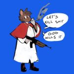  1:1 anthro blue_background boots brown_body brown_fur brown_hair clothing dialogue domestic_cat felid feline felis footwear fur gun hair hi_res male mammal pochowek ranged_weapon rifle rosary simple_background skala smoking solo weapon 