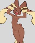  2022 absurd_res anthro azuu black_nose brown_body brown_fur brown_tail eyes_closed featureless_crotch fingers front_view fur hi_res lopunny monotone_tail multicolored_body multicolored_ears nintendo nude open_mouth open_smile pok&eacute;mon pok&eacute;mon_(species) smile solo teeth tongue two_tone_body two_tone_ears video_games 