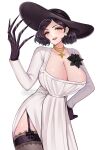  1girl alcina_dimitrescu bangs black_flower black_gloves black_hair black_headwear bob_cut breasts cleavage commission cowboy_shot dress earrings eyeshadow flower garter_straps gloves gold_necklace hand_on_hip hand_up hat highres huge_breasts jewelry jirafuru light_blush long_dress long_sleeves looking_at_viewer makeup necklace pale_skin pearl_earrings red_lips resident_evil resident_evil_village side_slit solo sun_hat swept_bangs wavy_hair white_background white_dress yellow_eyes 