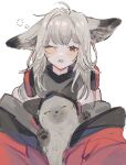  1girl animal animal_ears arknights blush fox fox_ears fox_girl frostleaf_(arknights) grey_hair grey_scarf grey_shirt headphones headphones_around_neck highres holding holding_animal jacket looking_at_viewer medium_hair messy_hair mi_(mituki_wandoro) off_shoulder one_eye_closed open_mouth red_eyes red_jacket scarf shirt simple_background sleep_bubble solo tears upper_body white_background 