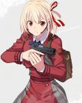  1girl backpack bag bangs belt blonde_hair bob_cut brown_bag collared_shirt copyright_name cowboy_shot determined dress grey_background gun hair_ribbon handgun headset highres holding holding_gun holding_weapon itou_(onsoku_tassha) long_sleeves lycoris_recoil lycoris_uniform neck_ribbon nishikigi_chisato pleated_dress red_belt red_dress red_eyes red_ribbon retention_stance ribbon shirt short_hair solo trigger_discipline two-tone_dress weapon white_shirt 