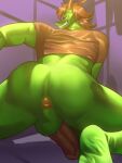  2022 absurd_res anal anthro anus balls brown_hair butch_rhapsody butt devilturtle dragon genitals green_body hair hi_res horn looking_back male muscular muscular_anthro muscular_male penis reptile scalie solo 