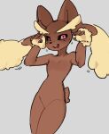  2022 4_fingers absurd_res anthro arm_tuft azuu blonde_eyebrows brown_body brown_ears brown_fur eyebrows fingers fur grey_background hi_res lopunny multicolored_ears nintendo nude open_mouth pok&eacute;mon pok&eacute;mon_(species) red_tongue simple_background solo teeth tongue tuft two_tone_ears video_games wrist_tuft yellow_body yellow_ears yellow_fur 