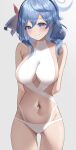  1girl absurdres ako_(blue_archive) arms_behind_back ass_visible_through_thighs blue_archive blue_eyes blue_hair blush breasts cleavage_cutout clothing_cutout earrings groin halo highres jewelry katagirinanoka large_breasts looking_at_viewer navel simple_background smile solo stomach stud_earrings swimsuit white_background white_swimsuit 