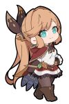  1girl bangs blue_eyes boots breasts brown_footwear brown_gloves brown_hair brown_pantyhose brown_ribbon cape chibi clarisse_(granblue_fantasy) closed_mouth commission frilled_gloves frills full_body gloves granblue_fantasy hair_intakes hair_ribbon hand_on_hip long_hair looking_at_viewer nyaru_(nyaru_4126) pantyhose ponytail red_cape ribbon shirt simple_background skeb_commission skirt sleeveless sleeveless_shirt small_breasts smile solo standing very_long_hair white_background white_shirt white_skirt 