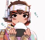  1girl apex_legends blue_jacket brown_eyes brown_gloves brown_hair eating fingerless_gloves food gloves headset highres holding holding_food jacket kogomo onigiri portrait short_hair solo vantage_(apex_legends) white_background 