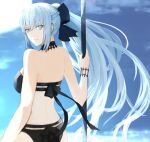 1girl back bangs bare_shoulders bikini black_bikini black_bow blue_eyes bow braid breasts fate/grand_order fate_(series) french_braid grey_hair hair_bow highres large_breasts long_hair looking_at_viewer looking_back moedredd morgan_le_fay_(fate) ponytail sidelocks solo swimsuit thighs very_long_hair 