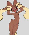  2022 absurd_res anthro azuu black_sclera brown_body brown_fur brown_tail featureless_crotch fingers front_view fur hi_res lopunny multicolored_body multicolored_ears nintendo nude open_mouth open_smile pok&eacute;mon pok&eacute;mon_(species) smile solo teeth tongue two_tone_body two_tone_ears video_games 