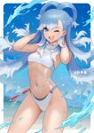  1girl ;d bangs bare_shoulders blue_eyes blue_hair blush breasts covered_navel hololive hololive_indonesia jdpr kobo_kanaeru long_hair looking_at_viewer medium_breasts multicolored_hair navel one_eye_closed open_mouth patreon_username smile solo swimsuit two-tone_hair virtual_youtuber white_hair 