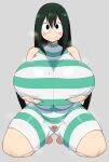  1girl :&gt; alternate_breast_size asui_tsuyu bangs bare_shoulders black_eyes blush_stickers boku_no_hero_academia breast_lift breasts breath censored chamchami closed_mouth commentary covered_collarbone covered_navel english_commentary full_body gigantic_breasts green_hair green_swimsuit grey_background hair_between_eyes heart heart_censor impossible_clothes impossible_swimsuit kneeling long_hair looking_at_viewer plump shiny shiny_clothes shiny_hair sidelocks simple_background solo straight_hair striped striped_swimsuit swimsuit wet white_swimsuit 