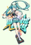  1girl :d background_text backpack bag bangs bare_arms bare_shoulders black_shirt character_name clip_studio_paint_(medium) crop_top floating_hair full_body green_background green_eyes green_hair green_shorts hair_ornament hairclip hatsune_miku jh long_hair looking_at_viewer midriff official_art shirt shoes short_shorts shorts simple_background skateboard skateboarding sleeveless sleeveless_shirt smile solo standing turtleneck twintails very_long_hair vocaloid white_footwear 