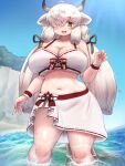  1girl bare_shoulders beach bikini black_horns blush breasts cleavage collarbone day extra_ears grey_horns hair_over_one_eye highres horns huge_breasts kemono_friends kemono_friends_3 long_hair looking_at_viewer mo23 multicolored_horns open_mouth ox_ears ox_girl ox_horns sarong smile solo swimsuit white_bikini white_hair yak_(kemono_friends) 