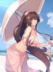  2girls bikini blush breasts brown_eyes brown_hair cherry_blossoms cleavage cloud floral_print flower hair_flower hair_ornament highres himeyamato holding iowa_(kancolle) kantai_collection large_breasts long_hair multiple_girls navel ocean oil-paper_umbrella outdoors ponytail sidelocks solo solo_focus swimsuit twitter_username umbrella very_long_hair yamato_(kancolle) yamato_kai_ni_(kancolle) 