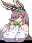  1girl animal_ears bare_shoulders blush breasts brown_hair center_frills european_hare_(kemono_friends) extra_ears frilled_shirt frills fur-trimmed_sleeves fur_collar fur_trim gradient_hair green_ribbon highres huge_breasts kemono_friends long_hair looking_at_viewer mo23 multicolored_hair rabbit_ears rabbit_girl ribbon shirt smile solo two-tone_hair white_hair 